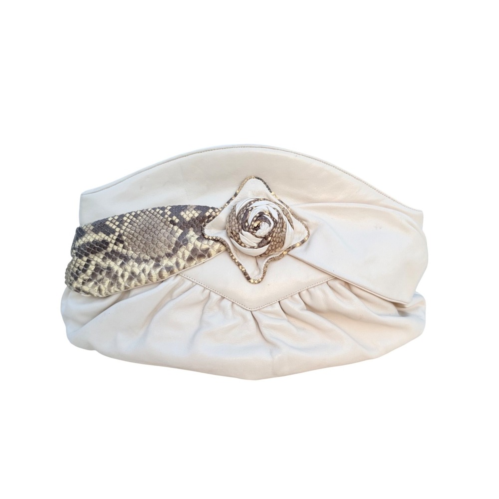 Vintage Sharif USA Ivory Leather Clutch Snake Skin‎ Rose Applique Evening Bag
